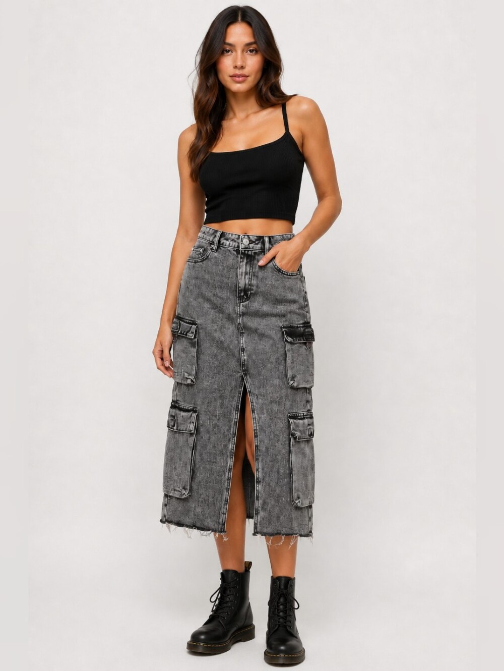 True Religion Vintage Charcoal Wash Cargo Denim Midi Slit Skirt Size 24